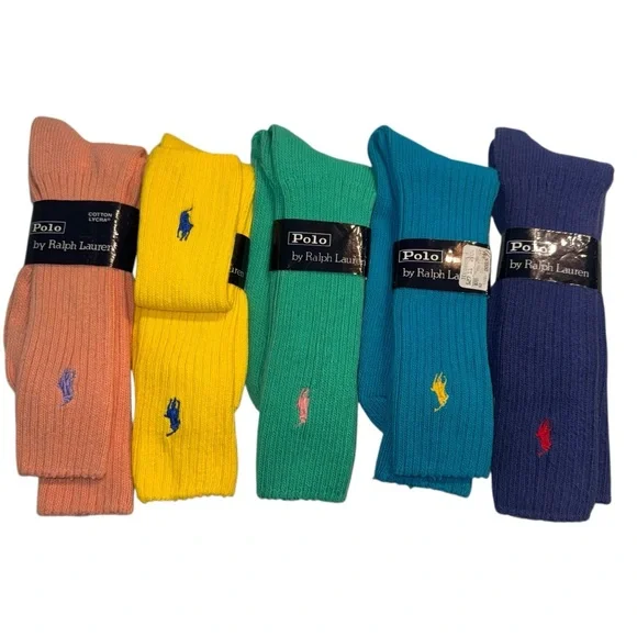 Vtg NOS Polo Ralph Lauren Crew Socks Lot Mens Teal Ribbed Pony Logo 5 Pair Multi - Picture 9 of 10